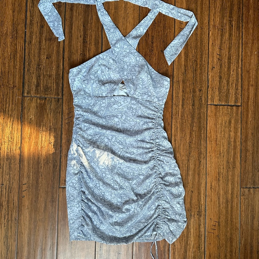 Chic Baby Blue Patterned Halter Mini Dress
